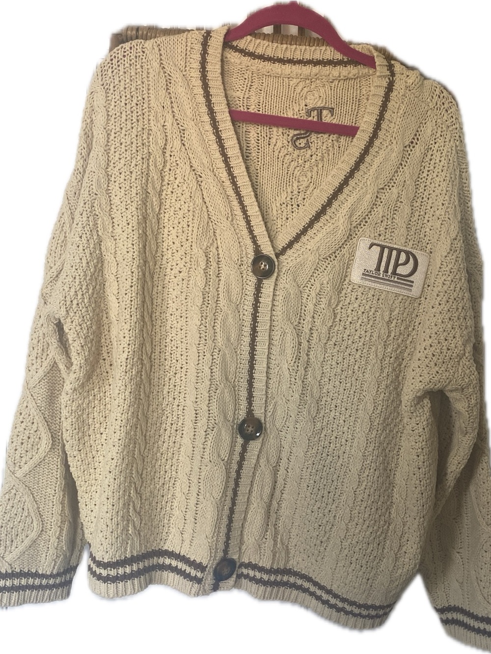 Taylor Swift Cream Cable Knit Cardigan with Brown Trim